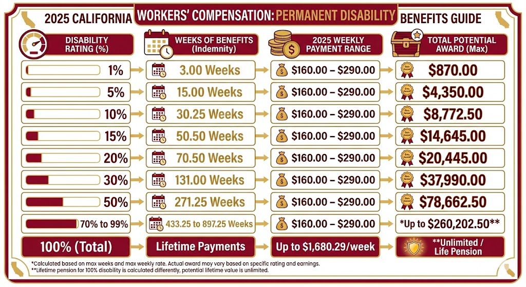 Table showing 2025 California workers' compensation permanent disability benefit rates, including weekly maximums and minimums.