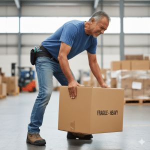 Worker demonstrating one of the most common causes of work back injury in a warehouse.