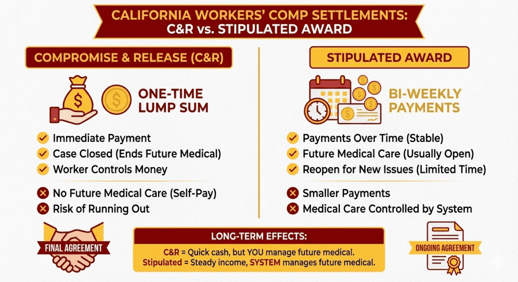 Infographic comparing the long-term effects of a Workers Compensation C&R lump sum settlement versus a Stipulated Award for California injured workers.