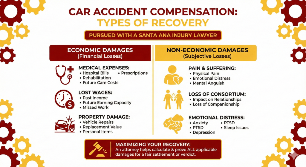 A chart explaining the compensation a car accident injury lawyer in Santa Ana can help you recover.