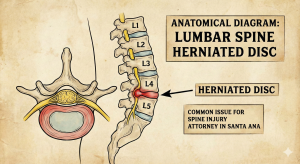 A medical illustration of a herniated disc, a common issue for which clients seek a spine injury attorney in Santa Ana.