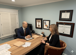 Experienced Santa Ana personal injury lawyer meeting with a client.