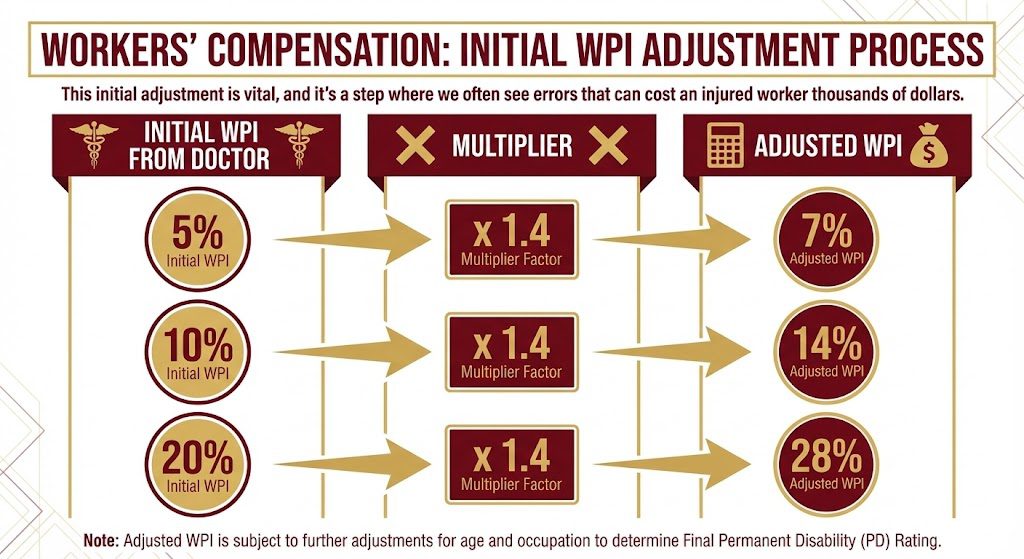 Chart showing the California Workers' Comp 1.4 multiplier calculation: 5% WPI increases to 7%, 10% to 14%, and 20% to 28%. Katnik Law cardinal and gold branding.
