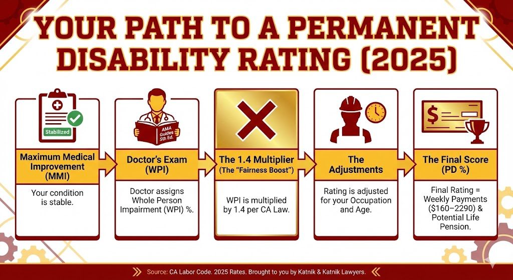 Step-by-step flowchart showing how a California permanent disability rating is calculated using WPI, the 1.4 multiplier, and age adjustments.