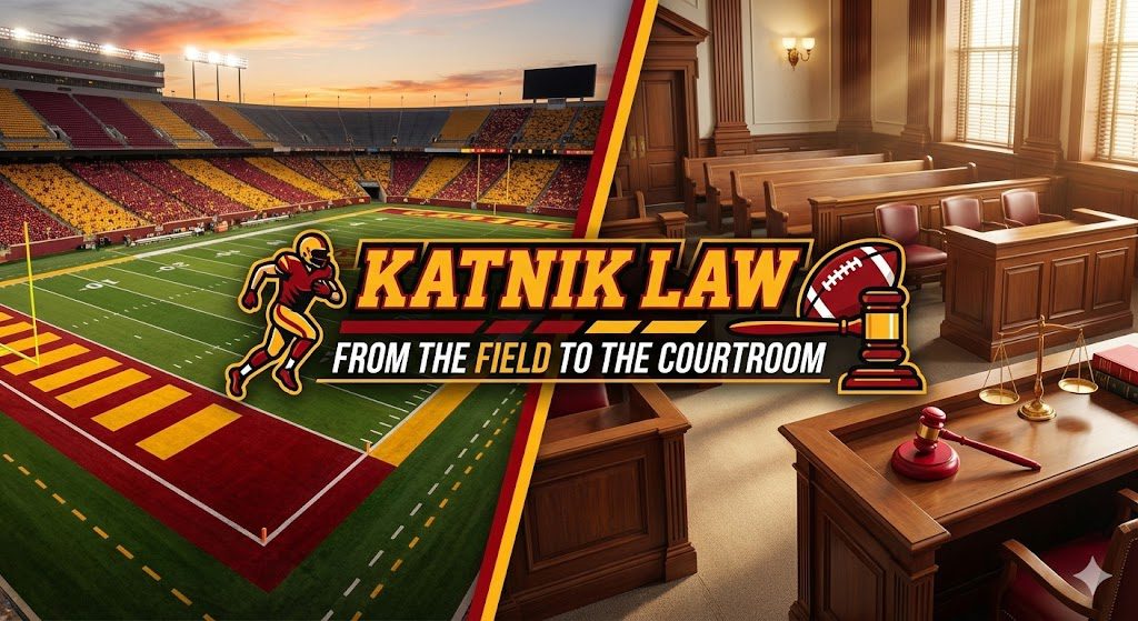 Katnik & Katnik Lawyers branding image representing the 'Football to Law' philosophy of aggressive, strategic advocacy for injured workers in California.