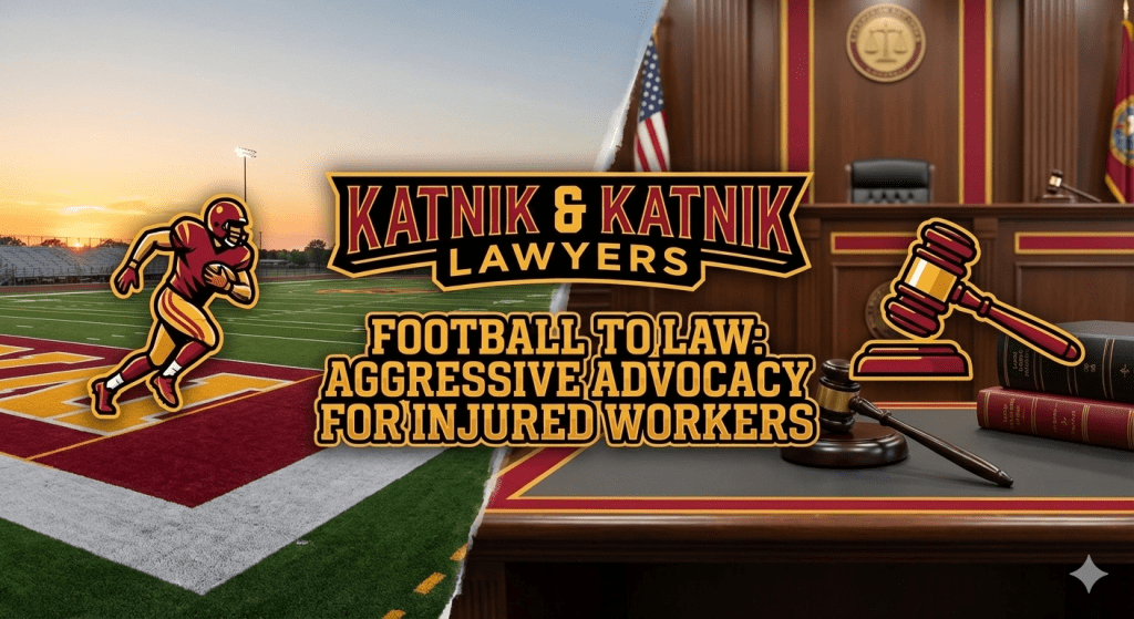 "Katnik & Katnik Lawyers Football to Law brand representing aggressive advocacy for injured workers."