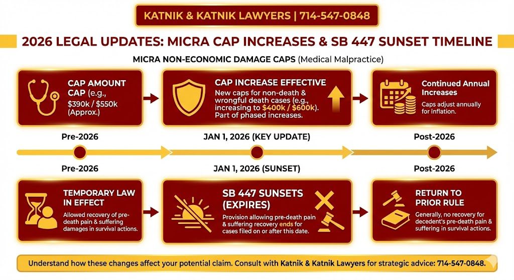 Timeline infographic showing 2026 MICRA cap updates and the expiration of SB 447 for pain and suffering claims.