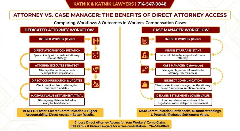 Flowchart comparing attorney workflow versus case manager workflow in workers' compensation cases.