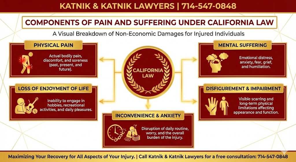 Infographic showing components of pain and suffering under California law, including physical pain, mental suffering, and loss of enjoyment of life.