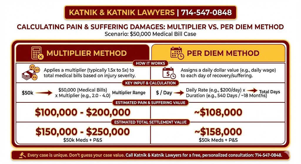 Data table comparing multiplier method and per diem method for calculating pain and suffering damages in California.