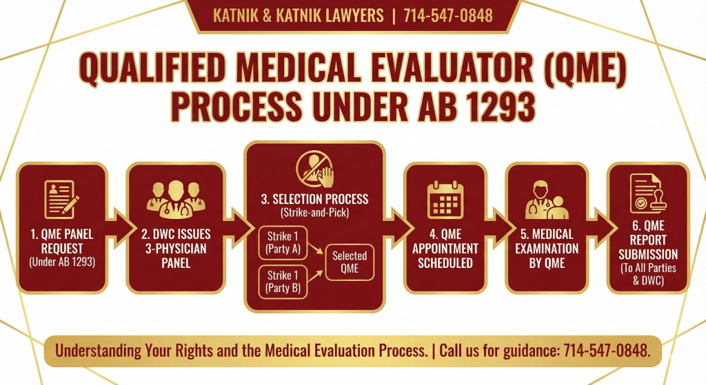 Flowchart of the Qualified Medical Evaluator (QME) process under AB 1293 for workers' compensation claims.