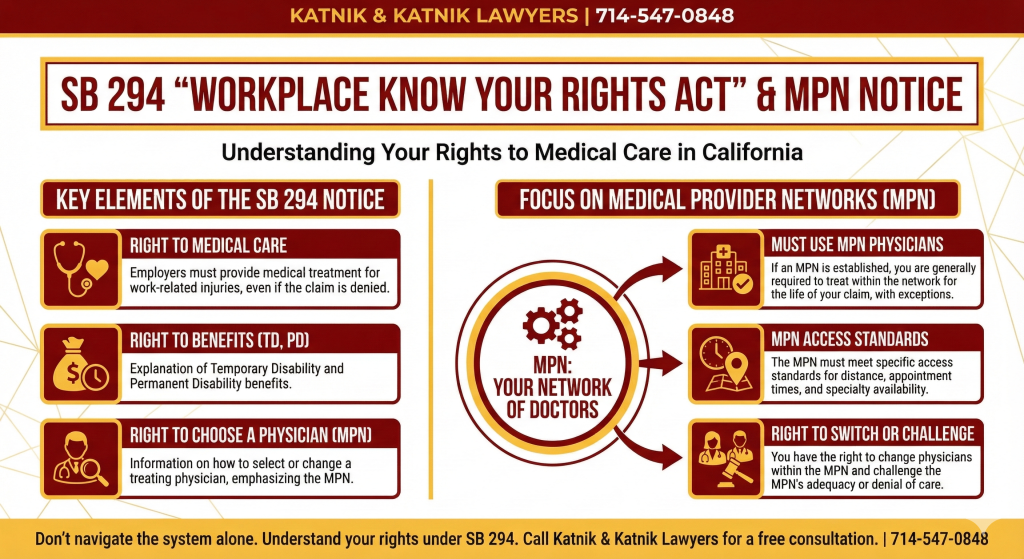 Infographic explaining the SB 294 notice and Medical Provider Networks (MPN) for California workers.