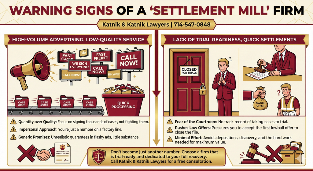 Infographic showing the warning signs of a settlement mill workers' compensation firm.