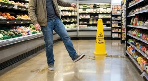 "What to do if you’re injured in a slip-and-fall accident at a grocery store, showing a wet floor hazard."